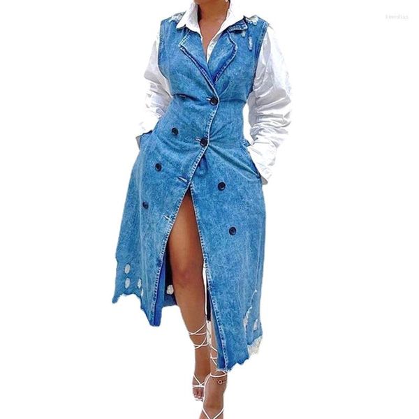 Damenjacken Frauen ärmellose zweireihige lange Weste Mode lässig lose Denim Mantel für Damen Sexy Ripped Hole Jacke