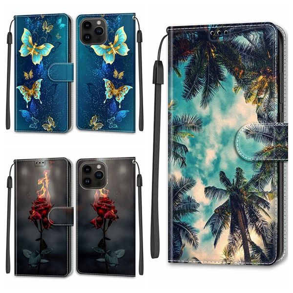 Custodie a portafoglio in pelle PU per Samsung S24 Plus Ultra S23 FE A15 A05 A05S Huawei Honor 90 Lite Pro X50 5G X6A Slot per scheda ID Sunrise Rose Butterfly Flip Cover Holder Custodia in PU