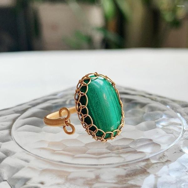 Обручальные кольца элегантный настоящий натуральный малахитовый камень для женщин Золотая проволока, обернутая зеленая заклинание кабохона, открытое манжетное кольцо Рейки