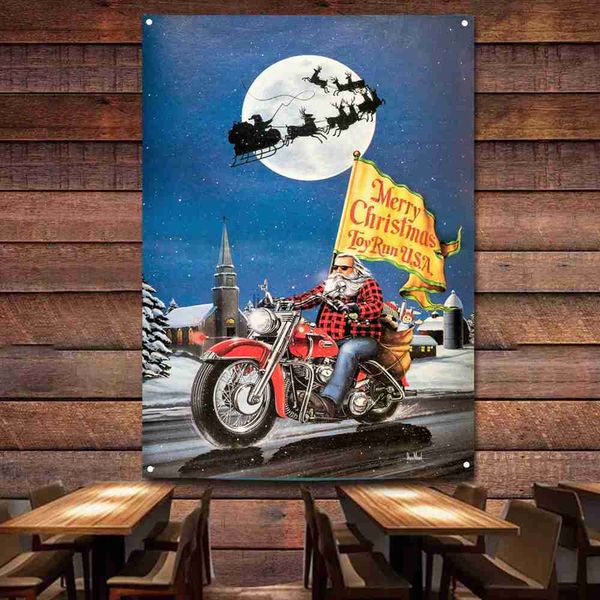 Frohe Weihnachten Toy Run U.S.A. Motorrad Flagge Wandbild Vintage Wand Dekor Poster Auto Malerei für Garage Man Cave Bar Club Pub Geschenk L230620
