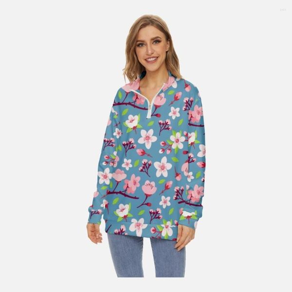 Felpe con cappuccio da donna Moda donna Felpa con fiori di ciliegio Collo a mezza manica a maniche lunghe Stampa con zip Girocollo Manica lunga a molla