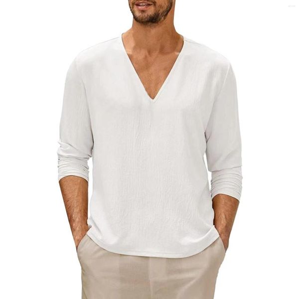 Camisetas masculinas Tops de verão Camisa casual masculina com decote em V Camisa masculina de algodão sólido Manga comprida Camisetas soltas Blusa masculina Streetwear Tees 2023