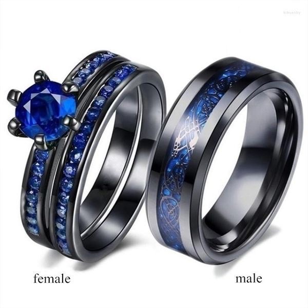 Cluster-Ringe, trendige Liebhaber – Damen-Ring mit blauem Zirkon und schwarzem Set, Herren-Edelstahlring mit Drachenmuster für Hochzeit, Schmuck, Geschenk für Liebhaber