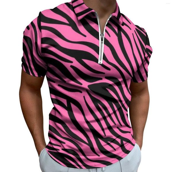 Polos Masculinos Rosa Zebra Print Camisas Pólo Masculino Listras Pretas Camisas Casual Beach Vintage Zíper T-Shirts Mangas Curtas Personalizadas Tops Grandes