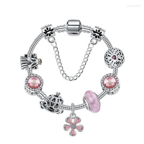 Charm Armbänder 2023 Charms Armband mit rosa Blume Glasperle Sicherheitskette Schmuck Armreif für Frauen Geschenk