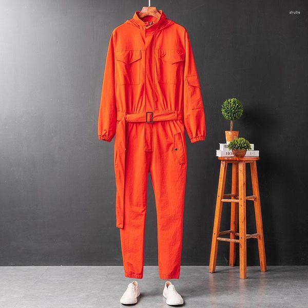 Männer Hosen Overalls Männer Overall Mit Kapuze Lange Ärmel Einfarbig Japanische Streetwear Kleidung Mode Hip Hop Schwarz Orange Hosen