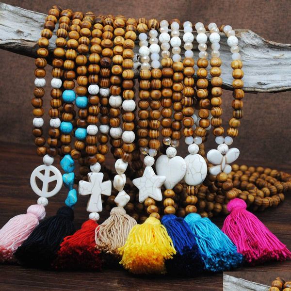 Collane di perline Collana con pendente a nappa lunga dichiarazione Perline di legno annodate fatte a mano Gioielli di Buddha Per donne Ragazza Goccia di pietra di legno Dhedx