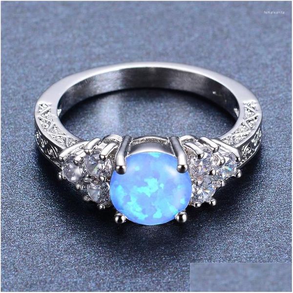 Eheringe Luxus Weibliche Weiß Blau Opal Stein Ring Mode Kleine Runde Finger Vintage Engagement Für Frauen Drop Lieferung Schmuck Dh7Mr
