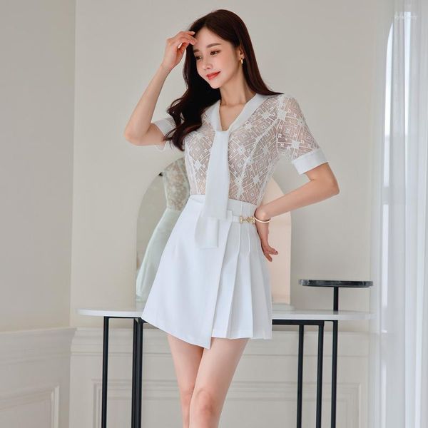 İş Elbiseleri 2023 Kız Beyaz Gömlek Top Mini Etek İki Parçalı Kadınlar Profesyonel Takım Kore Moda Zarif Bluz Etekleri Set Kadın