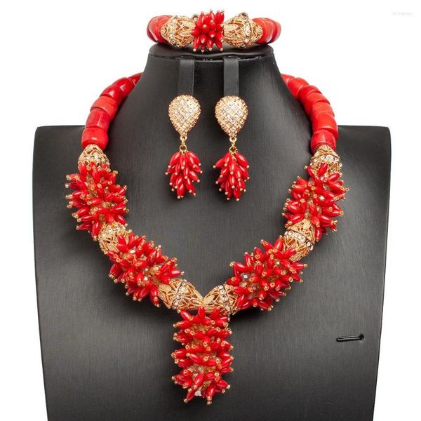 Collana Orecchini Set Gioielli africani Corallo rosso naturale Perline nuziali nigeriane Girocollo con perline CNR064