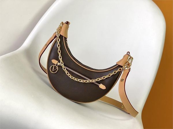 5A Designers Classic Loop Gold Chain Handtasche für Damen, beschichtetes Canvas, Reißverschluss, Umhängetasche, Schultergurt, Halbmond-Boden-Geldbörsen, Moon Bags