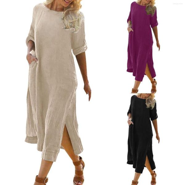 Vestidos casuais retrô de linho de algodão manga curta para mulheres verão com decote em O solto cintura bolso vestido maxi senhora boho plus size