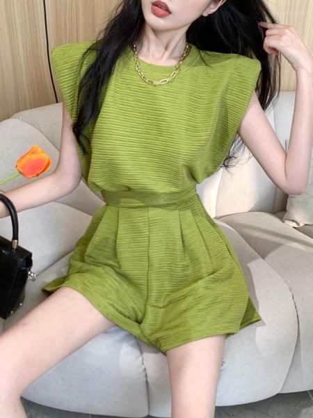 Pijamas femininos coreanos femininos conjunto de pijamas soltos sem mangas camisetas lisas tops cintura alta perna larga verde shorts de verão feminino dormir