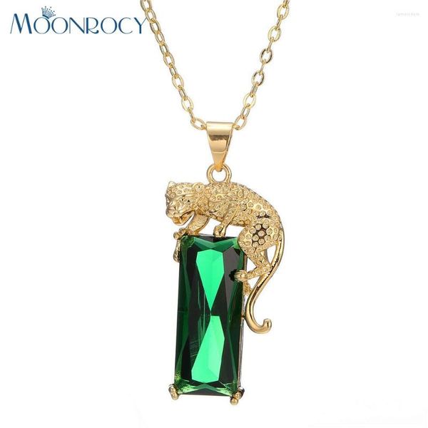 Colares Com Pingente MOONROCY Colar De Cristal Cor Dourada GargantilhasGargantilhasCubic Zircônia Leopard Animalil Green Jóias Atacado Para Mulheres Presente