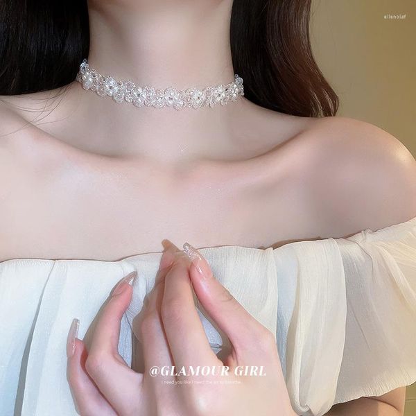Correntes de design criativo feito à mão com contas transparente cristal branco simulado pérola flor gargantilhas colares para mulheres festa jóias presentes