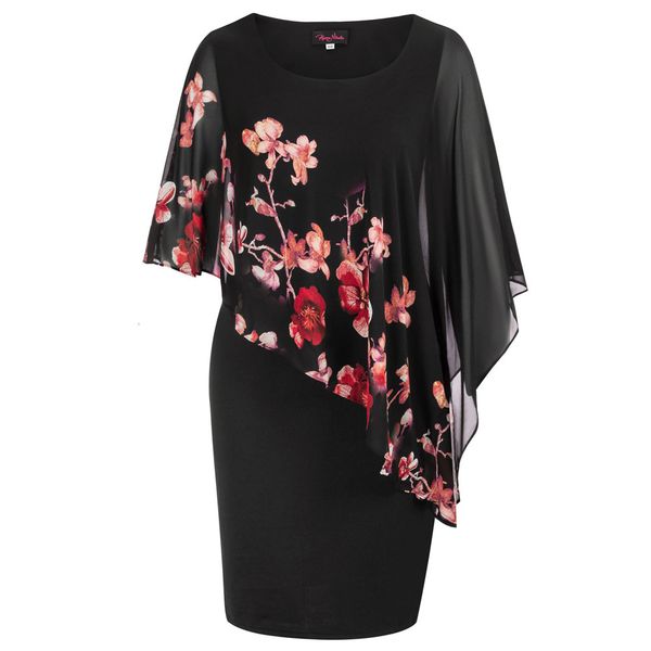 Abiti taglie forti HN Abito taglie forti Donna Girocollo Chiffon Capelet Decorato Doppio strato aderente Abito aderente Abiti da sera stampati floreali 230620