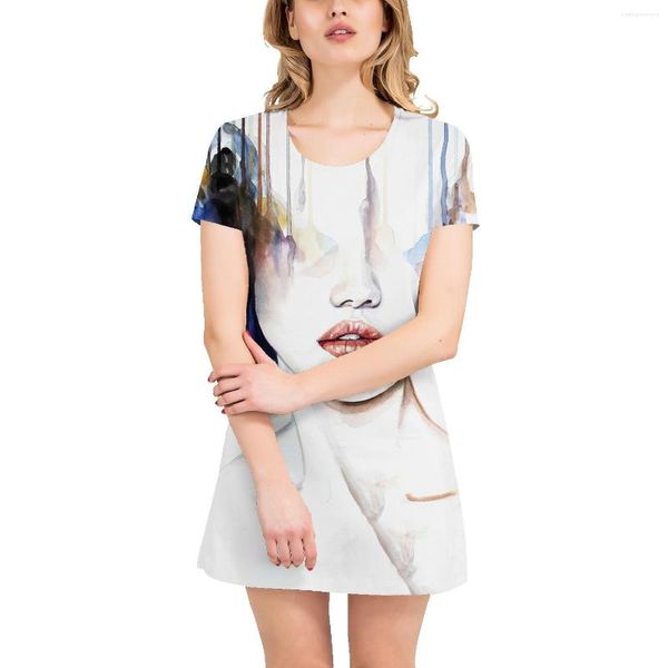 Vestidos Casuais Tamanho Grande Oversize T-shirt Solta Saia Verão Menina Cabeça Estampado Pintado à Mão Decote Redondo Manga Curta Comprimento Médio