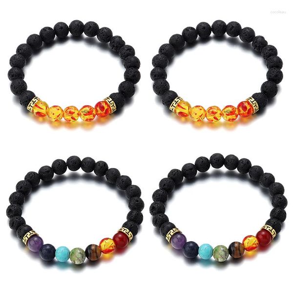 Charm Bracelets Natural Pedra Vulcânica Pedra Masculina Reiki 7 Chakra Cura Beads Redondo Preto Lava Stretch Faça Você Mesmo Jóias Pulseira Presente