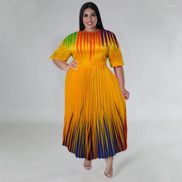 Casual Kleider Frauen Herbst Sommer Kurzarm Polyester Plissee Kleid 2023 Eleganter Druck Oansatz Plus Größe Traditionelle Afrika Kleidung