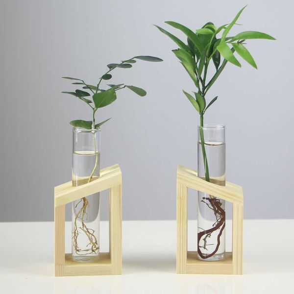 Vasos de vidro vaso transparente vintage quadro de madeira arranjo de flores tubo de ensaio hidropônico vaso de flores decoração de mesa para planta verde