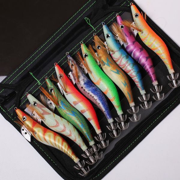 Baits Lures 10 Stück Angelköder, Tintenfisch, Jig-Haken, Holzgarnelen, künstliche Angelköder, Oktopus, Tintenfisch, Garnelen, harter Angelköder mit Tasche, 230619