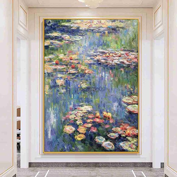 Pinturas a óleo pintadas à mão de Monet famosas, flores abstratas, nenúfar, vista para o lago, pintura em tela roxa, decoração de sala de estar, mural L230620