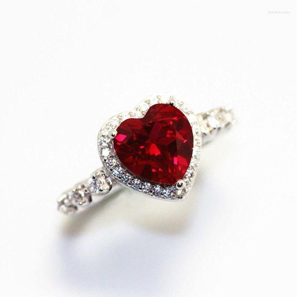 Anéis de casamento para mulheres anel de noivado cor prata coração vermelho zircônia cúbica elegante luxo atacado