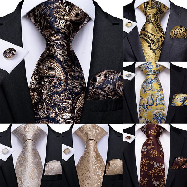 Bow Ties Designer Moda Erkekleri Tie Altın Mavi Sarı Paisley Dibangu Hanky ​​Cufflink Hediye Seti için Yüksek Kaliteli İpek Düğün 230619