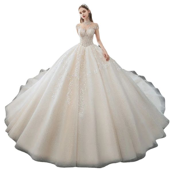 Abiti da sposa A-Line Appliques in pizzo Abiti da sposa in cristallo con perline Abiti da cerimonia lunghi da giardino Robe De Marriage Custom Plus Size