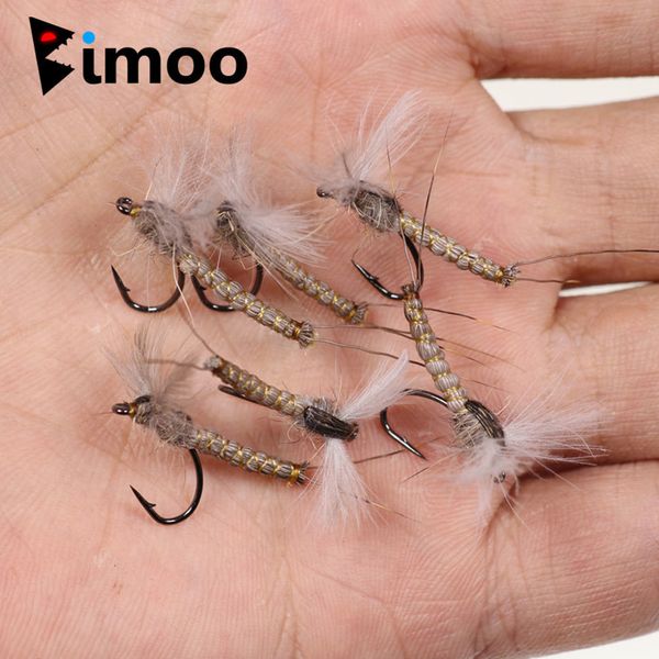 Anzóis de pesca Bimoo 6PCS Tamanho 12 CDC Asa de penas Mayfly Dry Fly Rocky River Trout Flies Bait Lure 230620