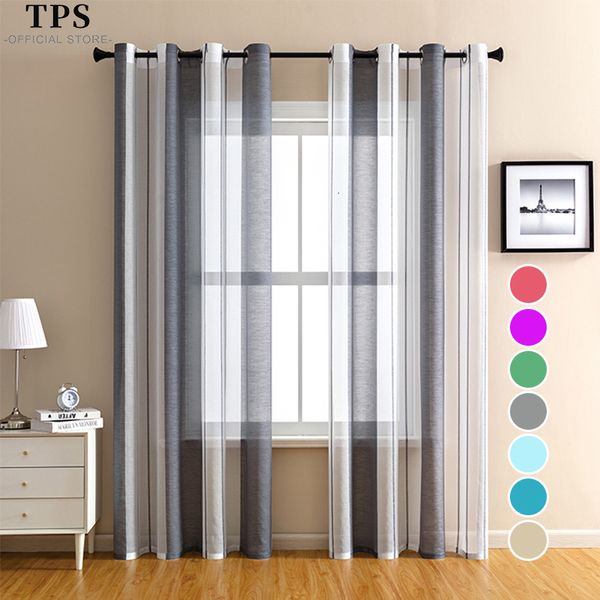 Cortina TPS Cortinas transparentes listradas cinza para sala de estar, quarto, tule, cozinha, tratamento de janela, decoração de casa, cortina de voile personalizada 230619