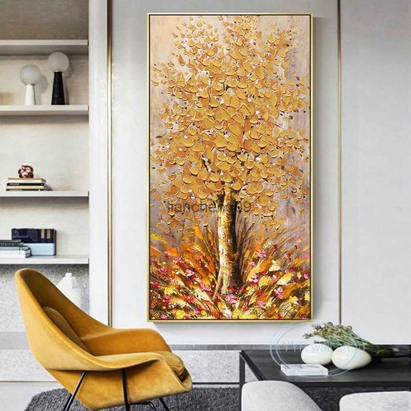 Abstrakte goldene Glücksbaum 3D Textur Kunst Poster handgemachte Ölgemälde Wand Dekor Bild Home Hotel Restaurant individuelles Wandbild L230620