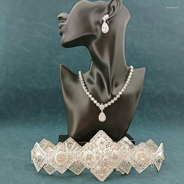 Collana Orecchini Set Gioielli da sposa marocchini Ciondolo in cristallo placcato argento Cintura da sposa Abito Abito Catena in vita