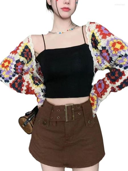 Malha Feminina Cardigã Cropped Crochê Feminino Multicolor Y2K Vintage Malha Blusas Manga Longa Protetor Solar Solto Praia 2023 Verão