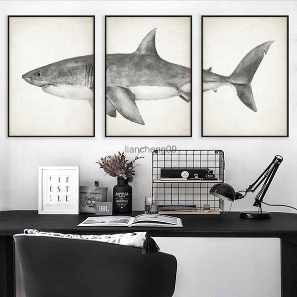 3 Pçs Vintage Tubarão E Baleia Arte Da Parede Poster Moderno Requintado Sala De Estar Decoração Pintura Em Lona Mural Imagem Impressa Arte