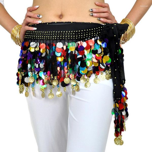 Abbigliamento da palcoscenico Costumi di danza del ventre Accessori Sciarpa per anca Cintura da donna Paillettes da ballo Nappa Cinture con frange Catena in vita
