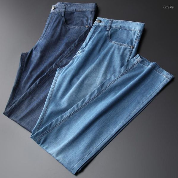 Jeans masculino 2023 verão fino macio respirável mistura de poliéster lyocell calça masculina reta tubo tendência perna larga