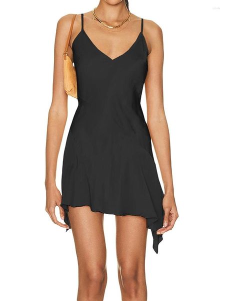 Freizeitkleider Juaugusep Damen S Mini-Cami-Kleid, ärmellos, Spaghettiträger, V-Ausschnitt, unregelmäßiger Saum, Clubwear (schwarz, S)