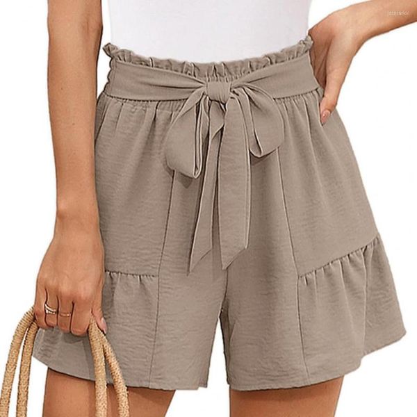 Shorts Feminino Feminino de Verão Cintura Alta Laço Laço Evasê Solto Cor Sólida Elástico Patchwork Calça Curta Feminina