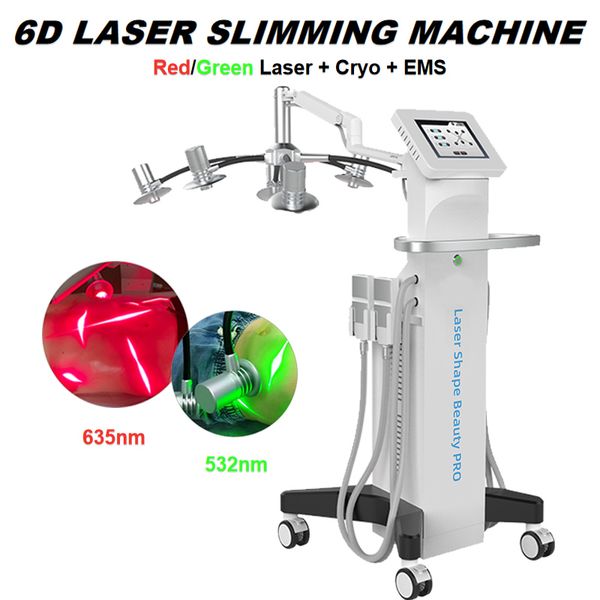 Professionelle 6D-Lipolaser-Schlankheitsausrüstung Kryo EMS Gewichtsverlust Laser Hautaufhellung Körper schlanke Schönheitsmaschine Grün-Rotlicht-Laserbehandlung für Option
