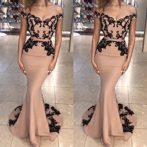 Elegante Al Largo Della Spalla Arabo Aso Ebi Mermaid Prom Dresses Pizzo Appliqued Donne Sexy Occasioni Formali Abiti Del Partito Sweep Treno Slim Fit Sera Abiti CL2471