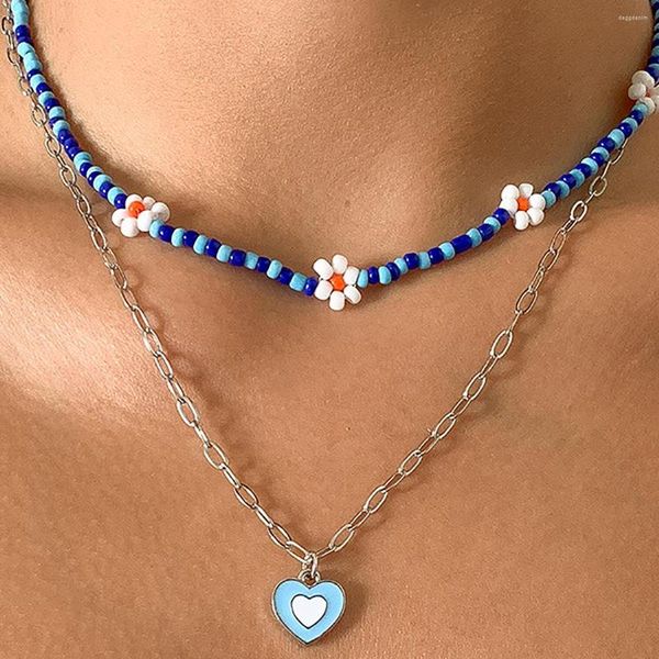 Подвесные ожерелья Y2K Ювелирные изделия 2pcs Bead Flower Heart Ожерелье для женщин Винтажные хараджуку -богемные чары 90 -х годов Эстетические дары