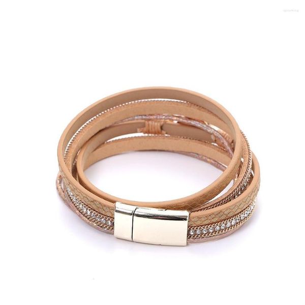 Charm Bracelets Fashion Bohemian Style Multi-layer Leather Bracelet With Diamonds Boha Magnetic Buckle Bangle for Women