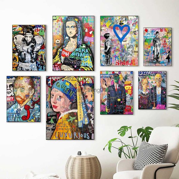 Graffiti Abstrato Brincos Menina Parede Art Poster Moderna Popular Mona Lisa Home Decor Pintura em Lona Impressões de Imagens Murais Presentes