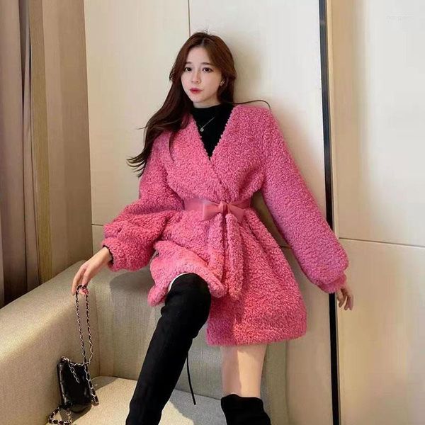 Frauen Trenchcoats Faux Pelzmantel Frauen Lange Wrap Warme Winterjacke V-ausschnitt Parkas Mujer 2023 Koreanische Stil Kleidung rosa Manteau Femme