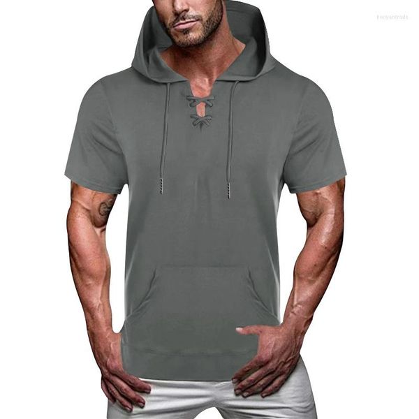 Camisetas masculinas tamanho europeu masculinas sólidas camisetas esportivas 2023 verão S masculina moda solta casual manga curta camisetas com capuz cinza cáqui