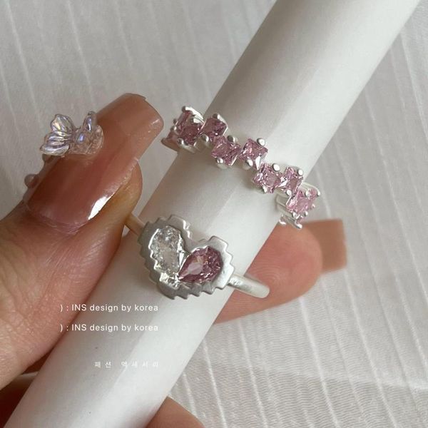 Cluster Rings Korean Advanced Feeling Sweet Matte Metal Love Zircon Mosaic Ring Pink Women Girls Sense Nicho Design Party