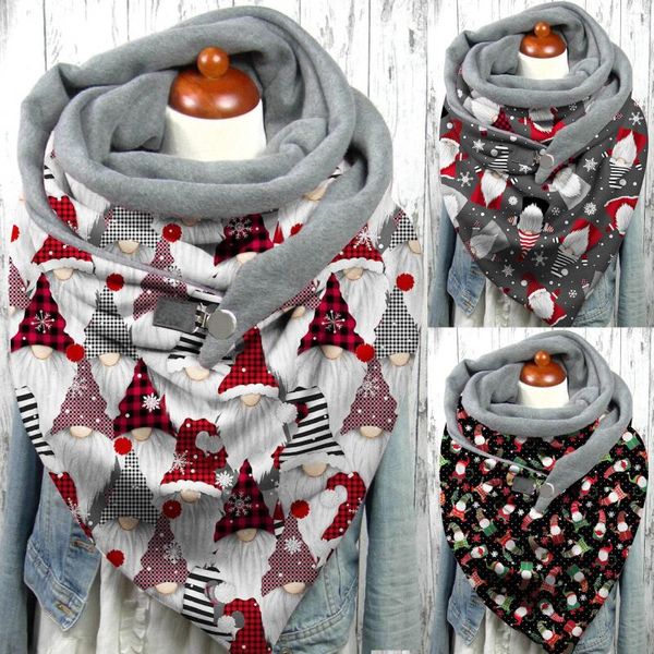 Cachecóis Xales Botão Envoltórios Macios Feminino Natal Bonecos de Neve Estampa Inverno Quente Envoltório Xadrez Cachecóis Foulard Decote