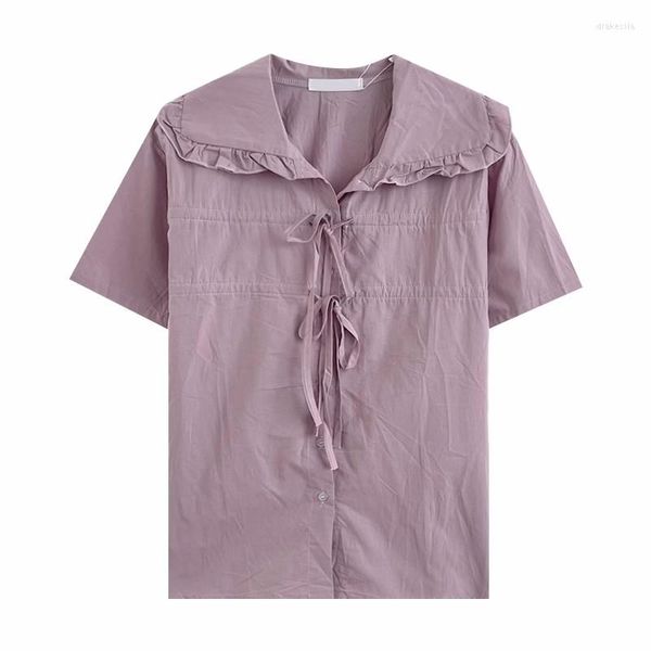 Camicette da donna Camicia a maniche corte in tinta unita allentata estiva con collo a bambola dolce giapponese