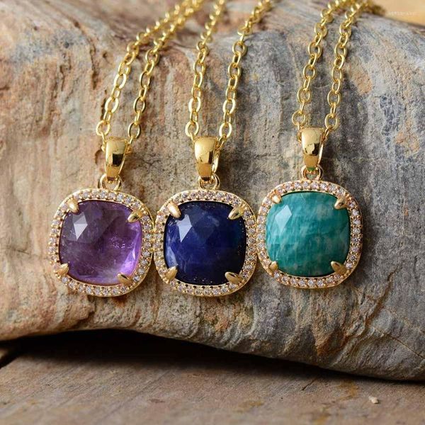 Anhänger Halsketten Luxe Gold Überzogene Quadratische Amethyste Amazonit Frauen Halskette Colliers Zirkon Kette Designer Schmuck Femme Bijoux